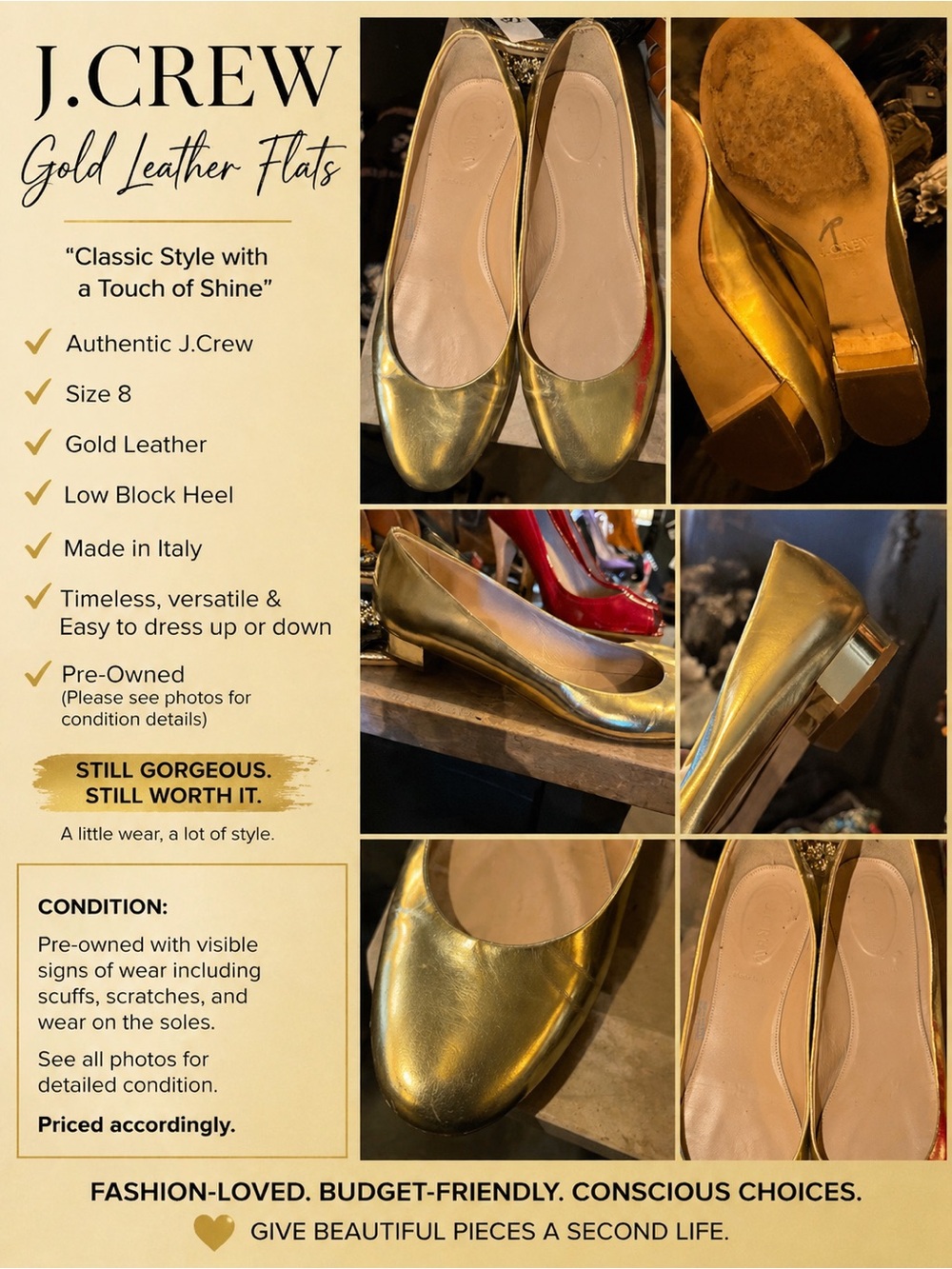 J. Crew Metallic Gold Leather Ballet Flats